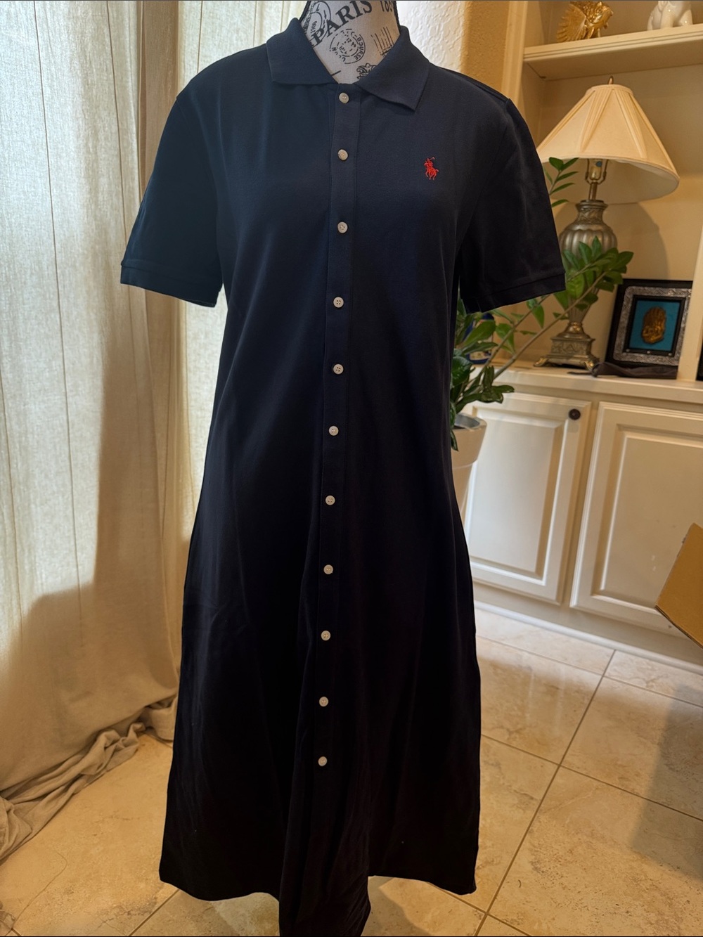 Ralph Lauren dark blue Button-Front Polo Midi Dress with Tie